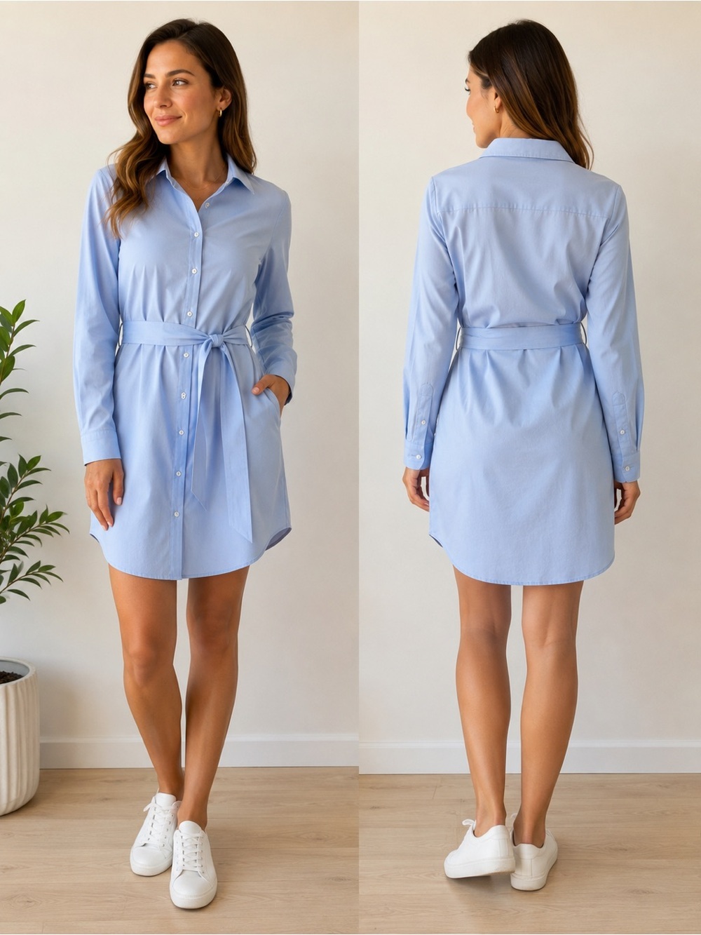 Light Blue Long-Sleeve Shirt Dress with Tie Waist